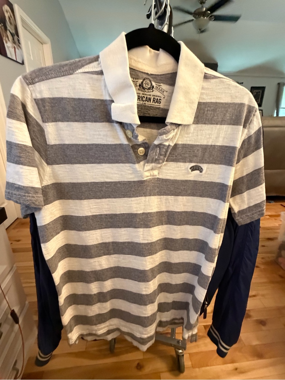 American Rag Men’s Gray and White Horizontal Stripe Polo